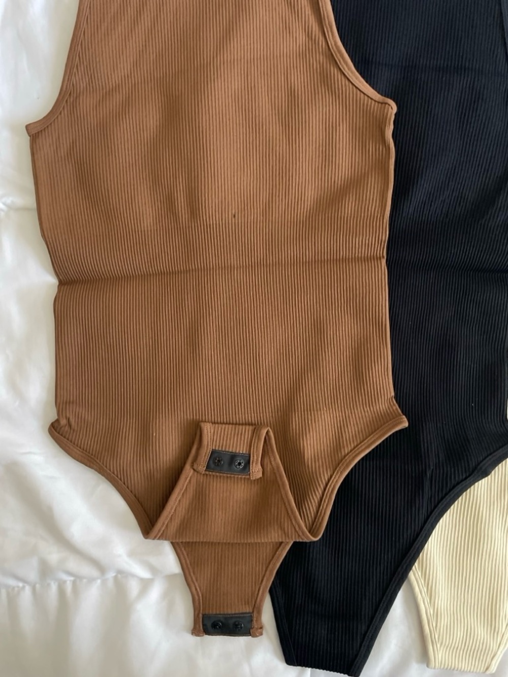 Ribbed Tank Bodysuit Trio — Brown, Black & Cream - Picture 3 of 4